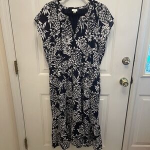 J.Crew 14 Pineapple Print Crinkle Midi‎ Dress Flutter Sleeves Pockets Navy White